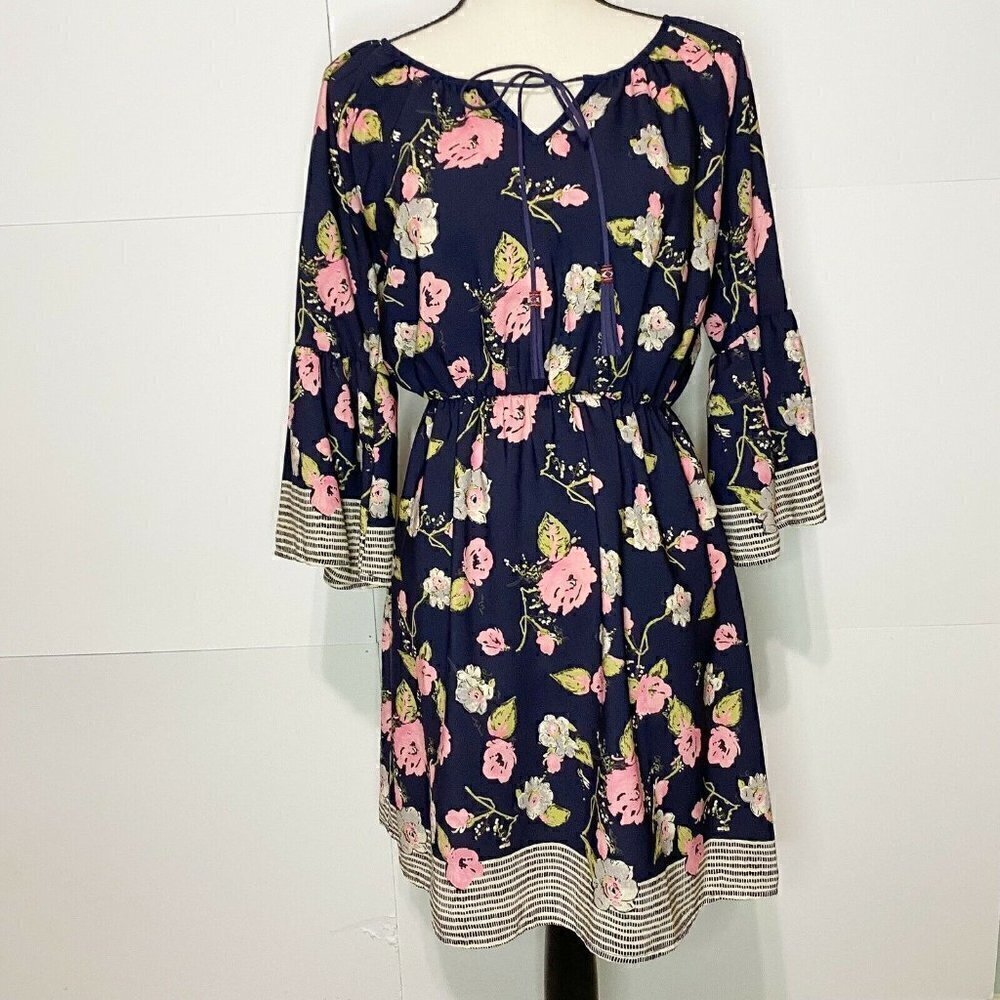 Le Lis Stitchfix Sz Small A-Line Cinch Waist Dress Navy Floral Tie Neck
